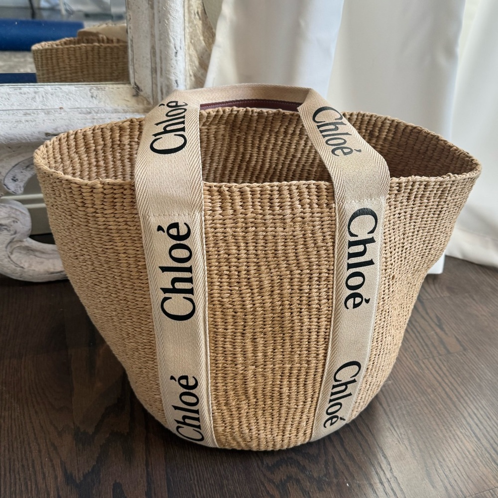 Chloé Natural Woven Tote with Branded Cream Straps